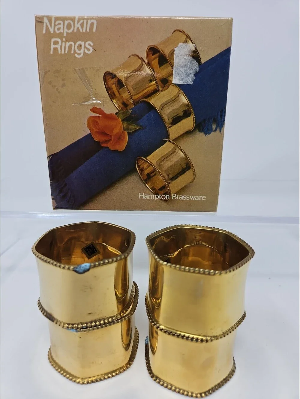 Vintage Hampton Hexagon Brassware Napkin Rings Set of 4 In Box - Solid Brass